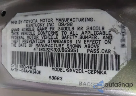 1999 Toyota Camry Le из США, поврежденный, VIN JT2BG22K8X0285306